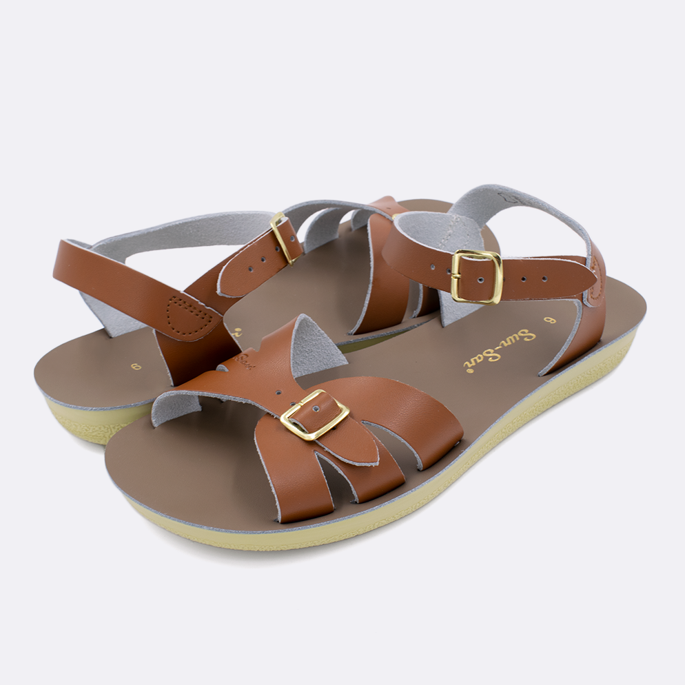 Two Women's sized 1900 Boardwalk style sandals with tan straps and beige insoles. Both pushed together facing the camera diagonally.