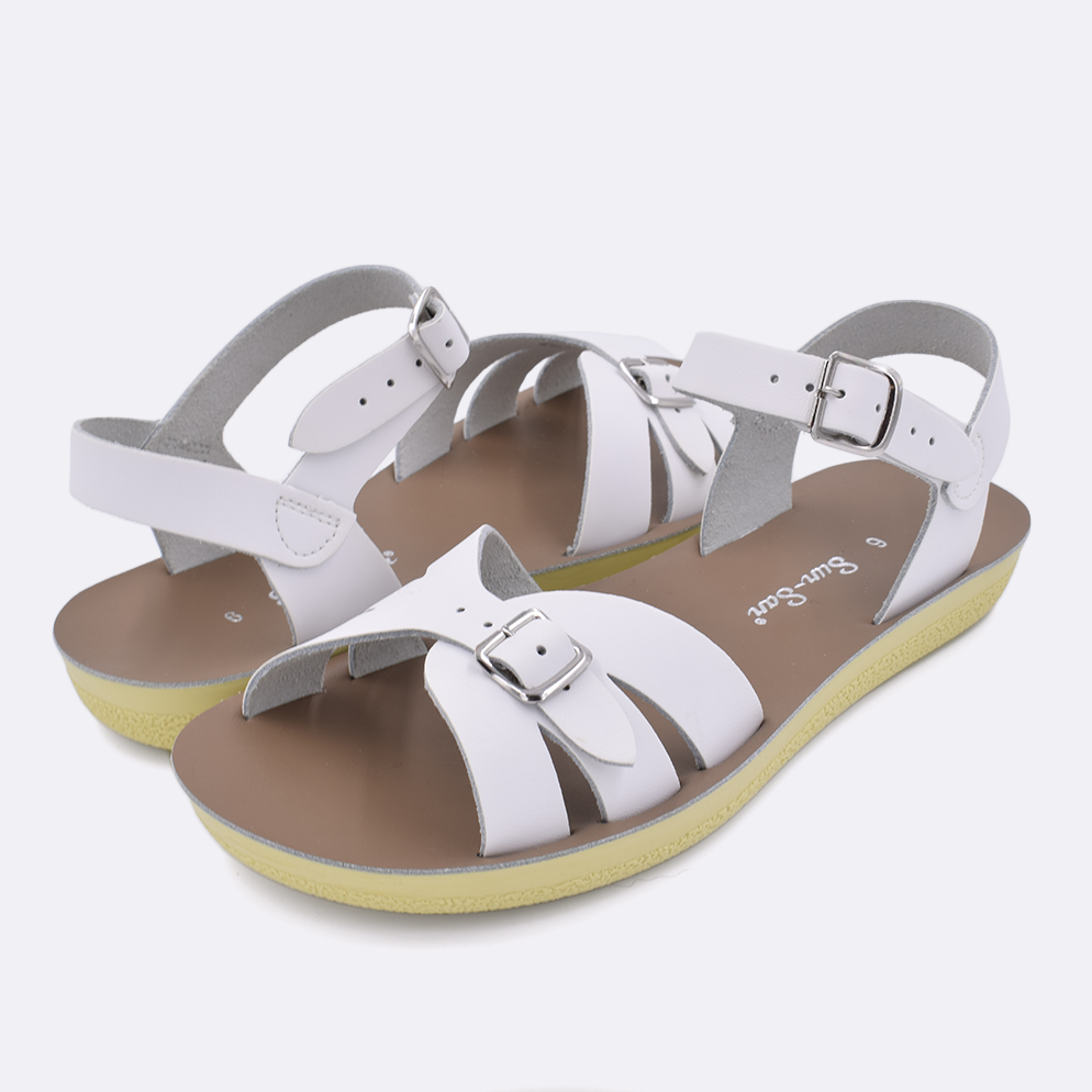 Two Women's sized 1900 Boardwalk style sandals with white straps and beige insoles. Both pushed together facing the camera diagonally.