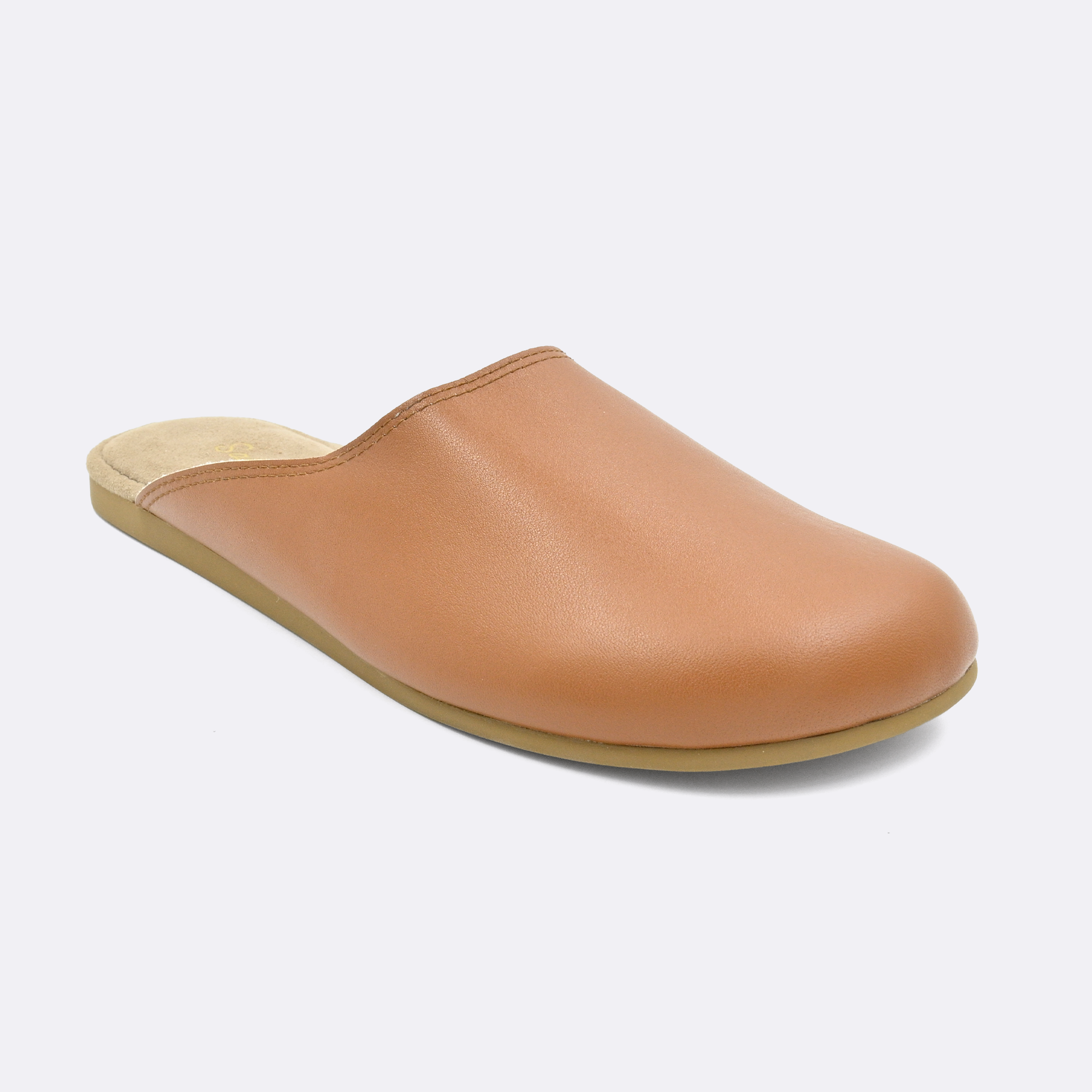 Tan leather slipper on a light gray background
