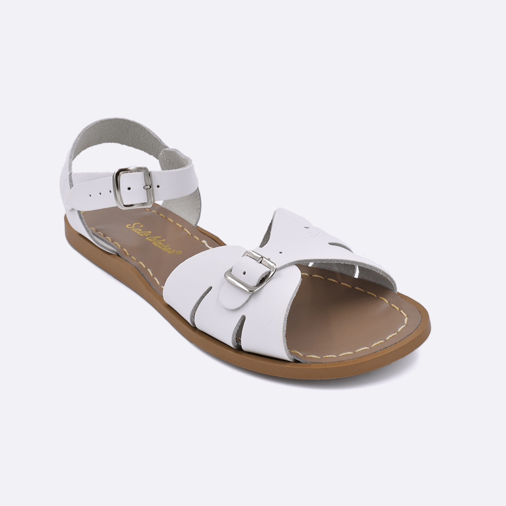 One 900 Classic style sandal color white. Facing left to right diagonally. 	Adult Size.	